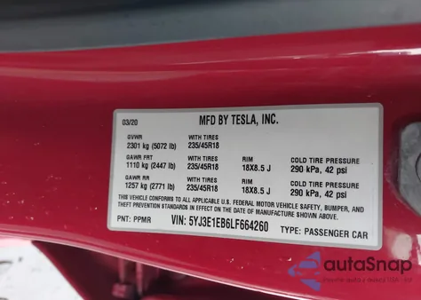 2020 Tesla Model 3 Long Range Dual Motor All-Wheel Drive from USA, damaged, VIN 5YJ3E1EB6LF664260